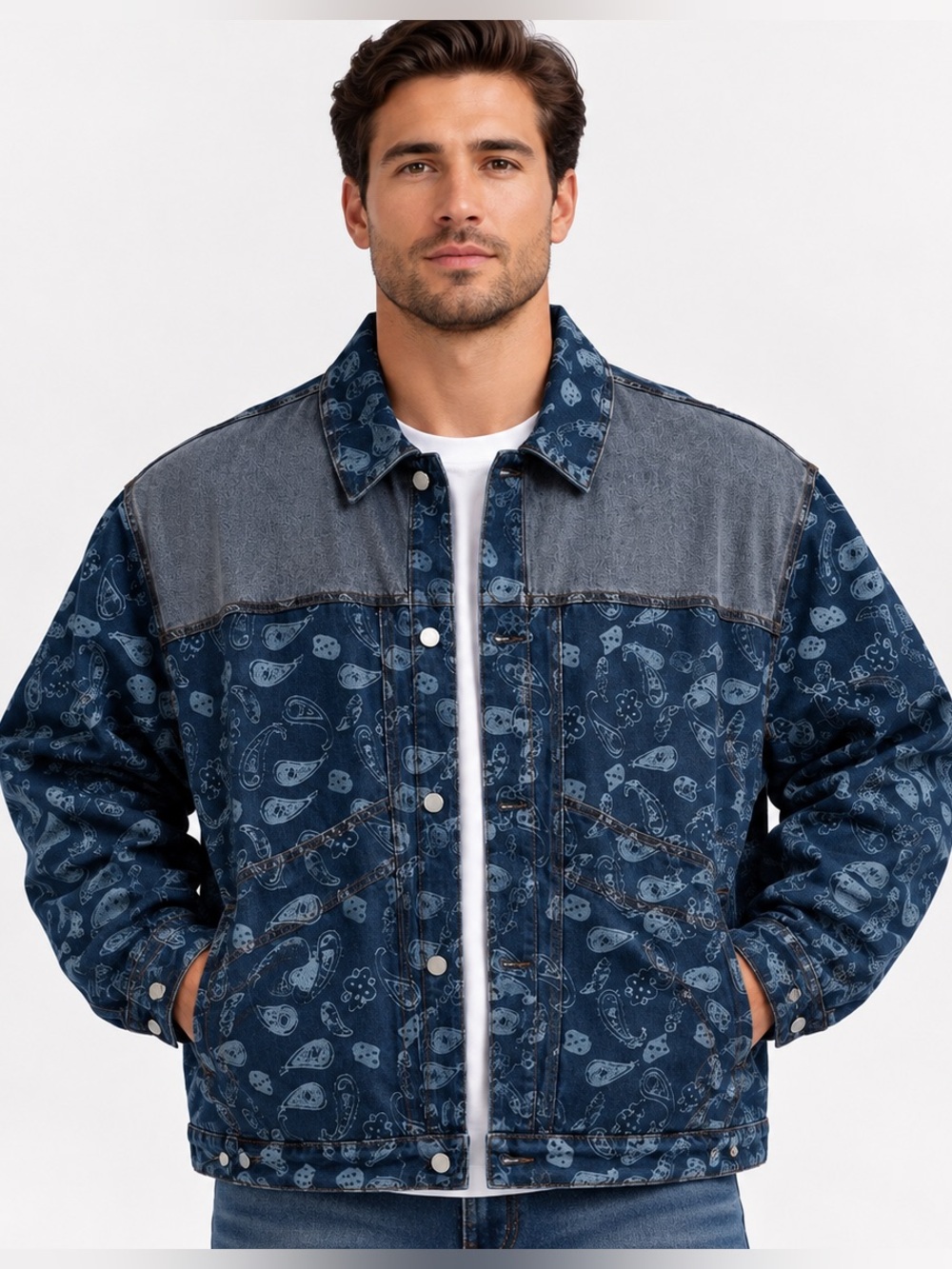 Rich & Rotten Men’s 3XL Paisley print Denim jean Jacket Blue Two-Tone Streetwear